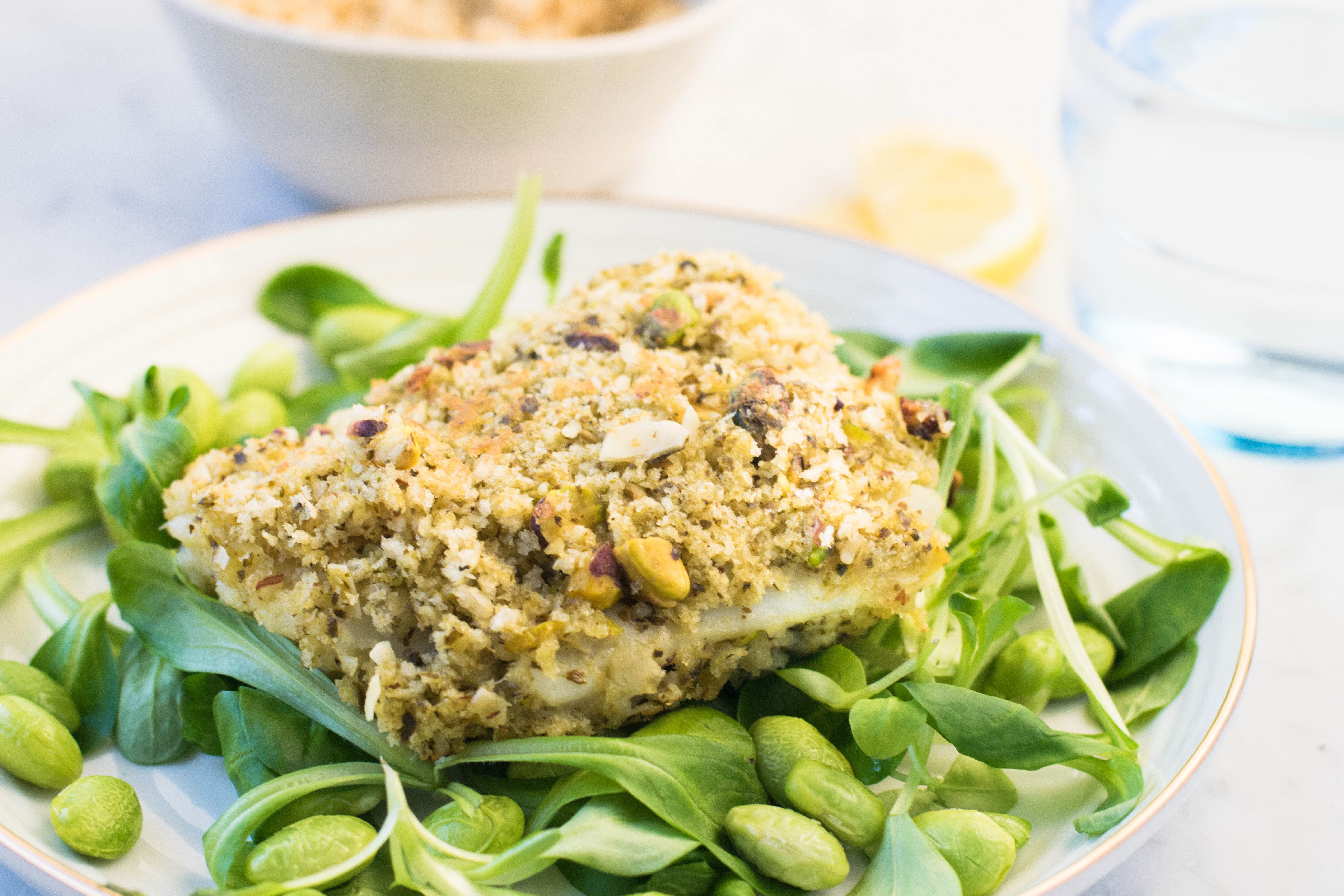 Poisson au panko, pesto et pistaches
